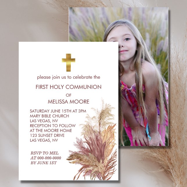 First Holy Communion Photo Pink Pampas Elegance  Invitation (Creator Uploaded)
