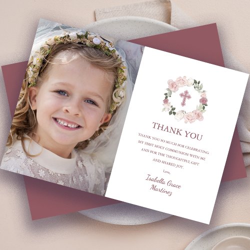 First Holy Communion Photo Pink Rose Flower Thank You Card