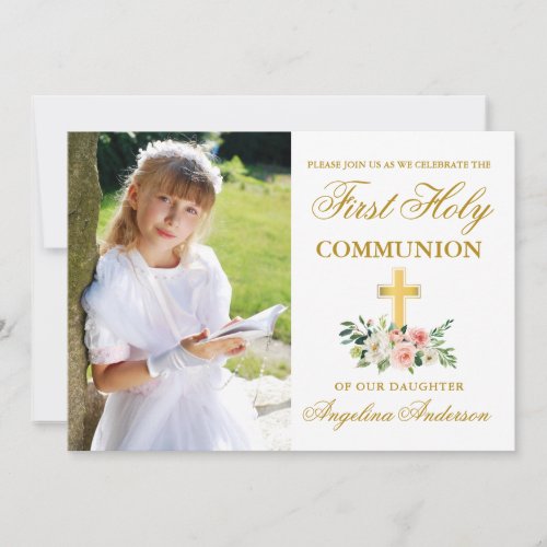 First Holy Communion Photo Pink White Floral Invitation