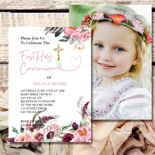 First Holy Communion Photo Pinks Blush Burgundy Invitation