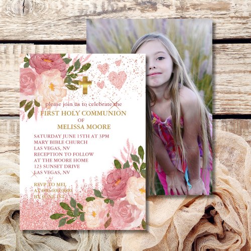 First Holy Communion Photo Rose Gold Glitter Glam Invitation