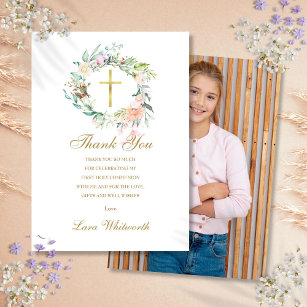 First Holy Communion Photo Roses Floral Gold Thank You Card
