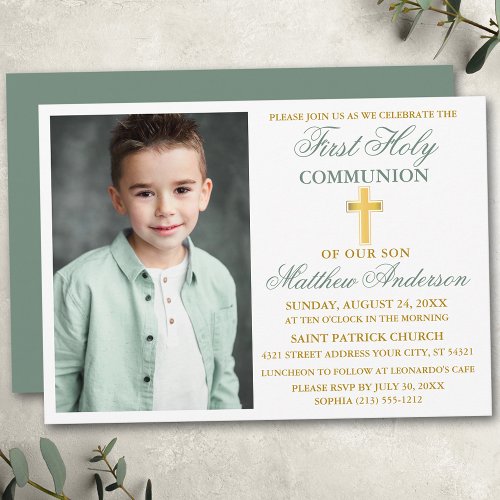 First Holy Communion Photo Sage Green Gold Invitation