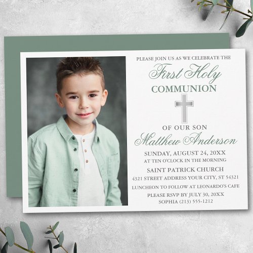 First Holy Communion Photo Sage Green Silver Invitation