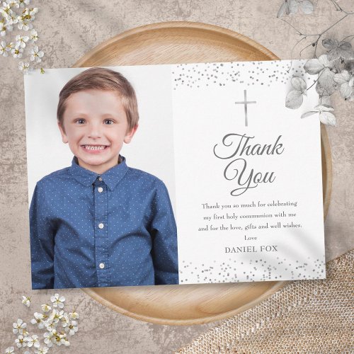 First Holy Communion Photo Silver Thank You Postcard