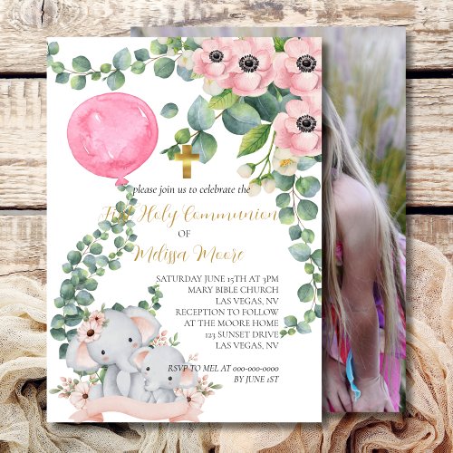 First Holy Communion Pink Balloon Eucalyptus  Invitation