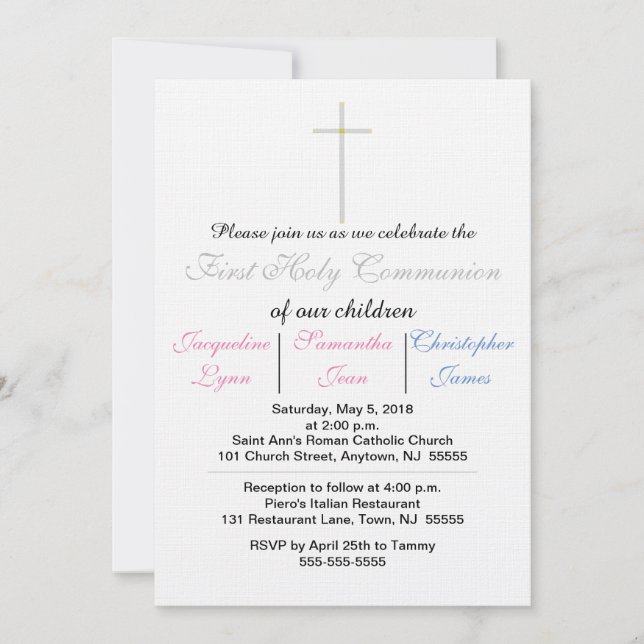 First Holy Communion Pink Blue Triplets Invitation (Front)