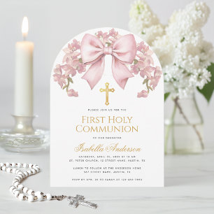 First Holy Communion Pink Bow Floral Elegant Girl Invitation