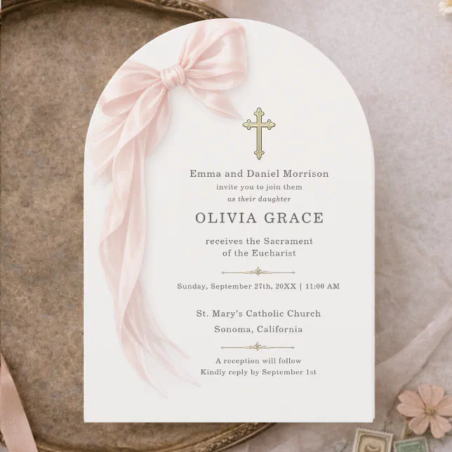 First Holy Communion Pink Bow Girl Invitation | Zazzle