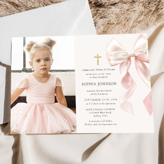 First Holy Communion Pink Bow Girl Photo Invitation