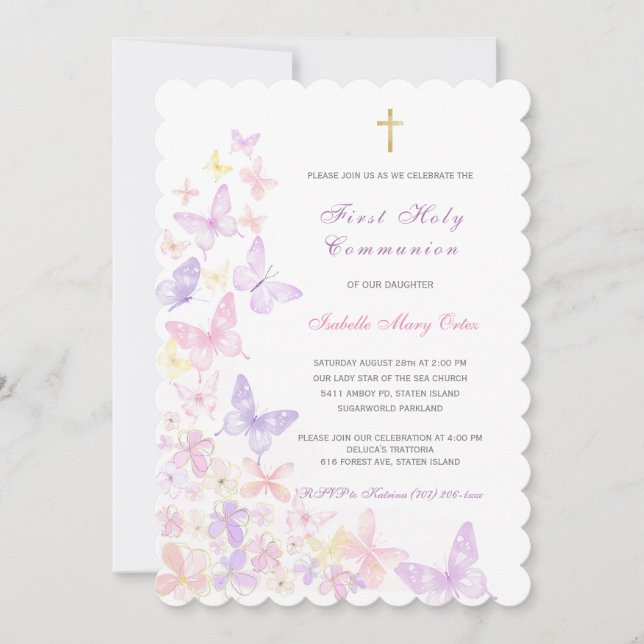 First Holy Communion Pink Butterfly Girl Invitation (Front)