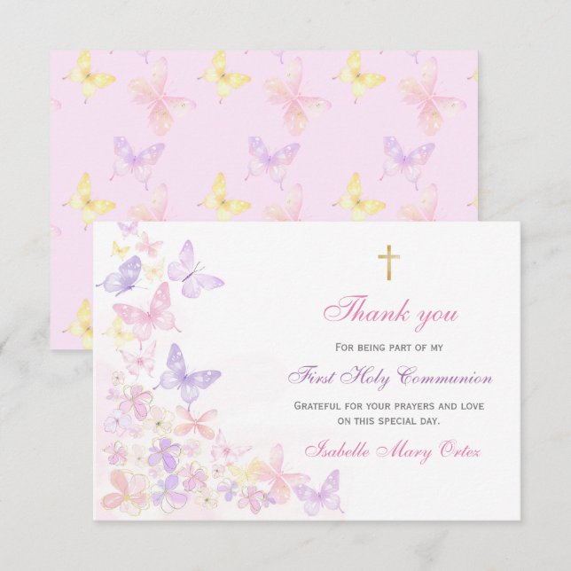 First Holy Communion Pink Butterfly Girl Thank you (Front/Back)