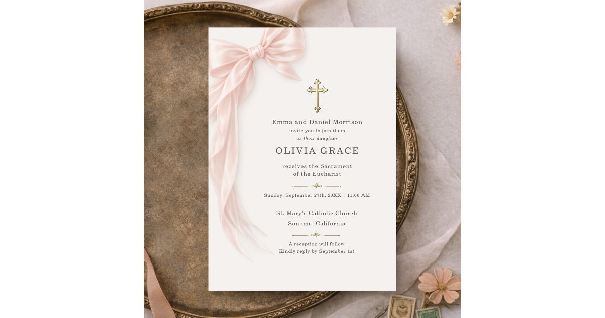 First Holy Communion Pink Coquette Bow Girl Invitation | Zazzle