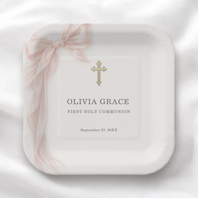 First Holy Communion Pink Coquette Bow Girl  Paper Plates (Creator Uploaded)