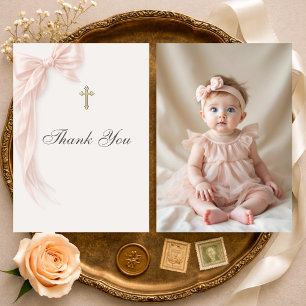 First Holy Communion Pink Coquette Bow Girl Thank You Card