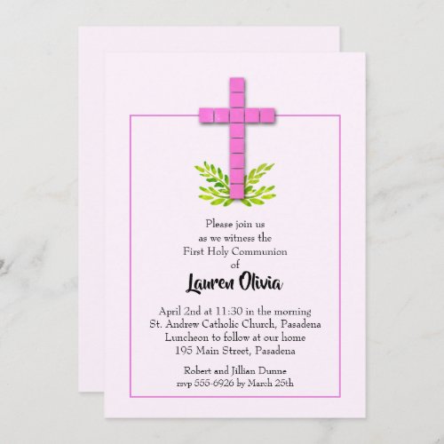 First Holy Communion Pink Cross Invitations