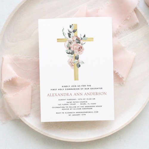 First Holy Communion Pink Dusty Rose Greenery  Inv Invitation