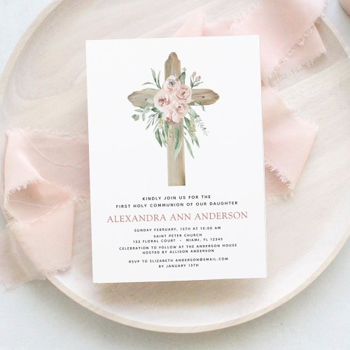 First Holy Communion Pink Dusty Rose Greenery  Inv Invitation