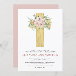First Holy Communion Pink Dusty Rose Greenery Invitation