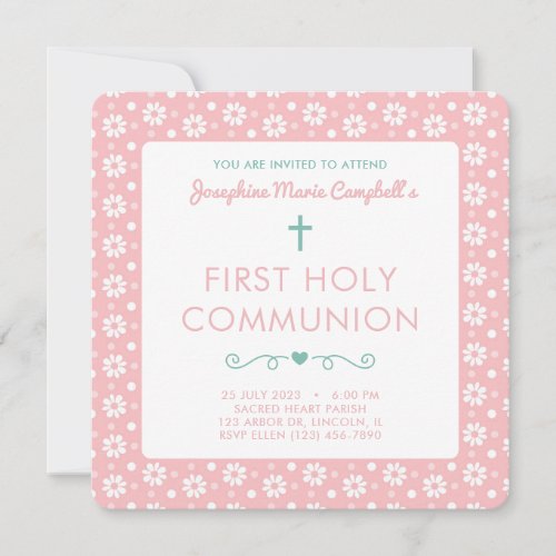 First Holy Communion Pink Floral Girl Religious Invitation
