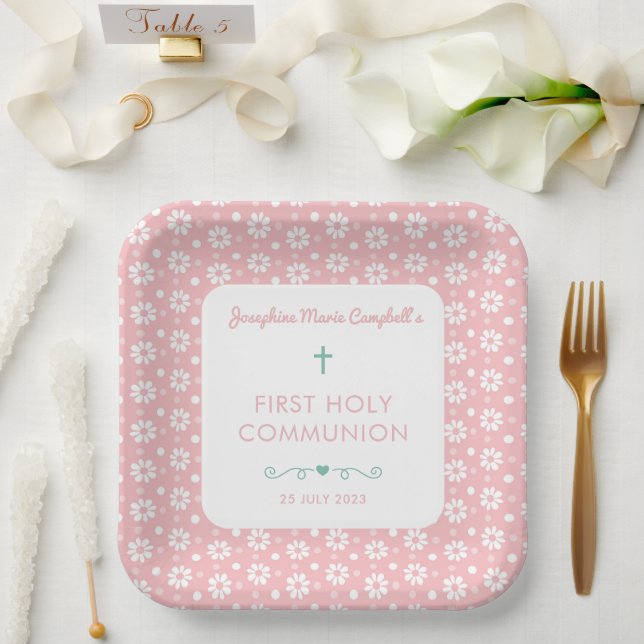 First Holy Communion Pink Floral Girl Religious Paper Plates (Wedding)