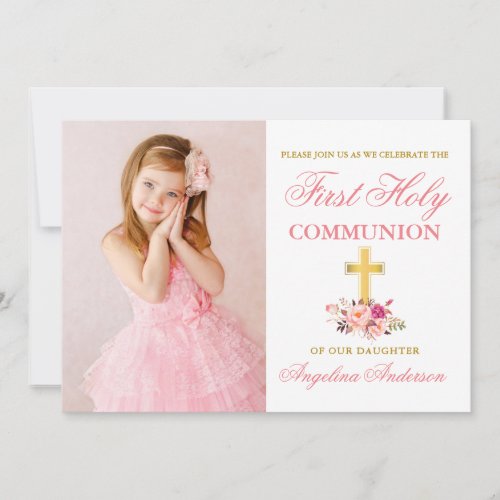 First Holy Communion Pink Floral Photo Invitation