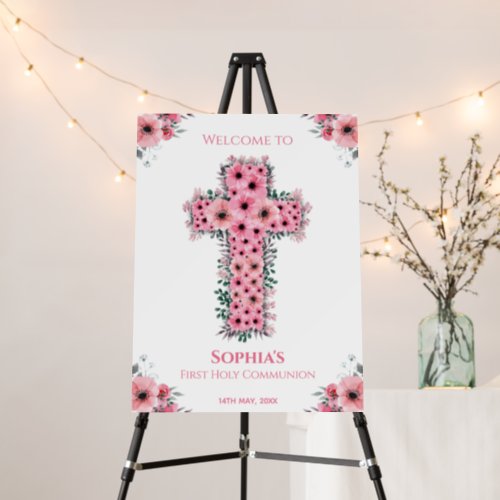 First Holy Communion Pink Flower Cross Welcome Foam Board