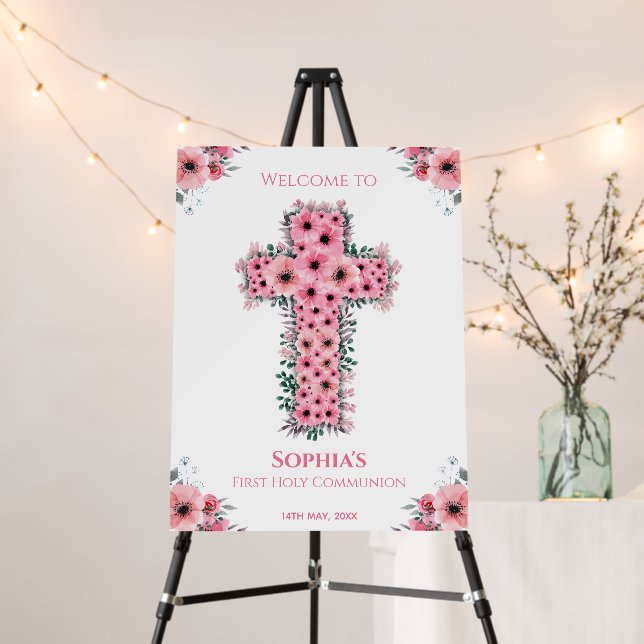 First Holy Communion Pink Flower Cross Welcome Foam Board (In Situ (Stand))