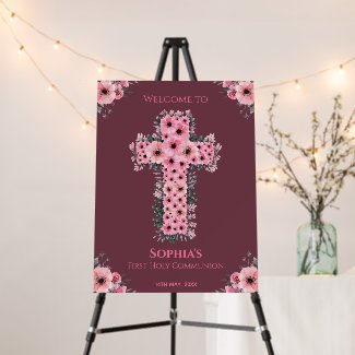 First Holy Communion Pink Flower Cross Welcome