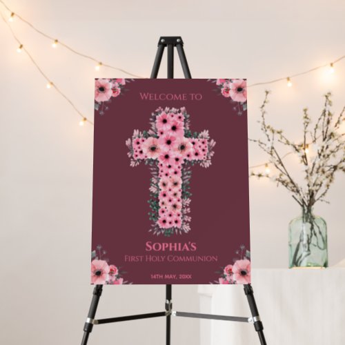 First Holy Communion Pink Flower Cross Welcome Foam Board