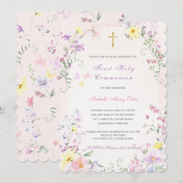 First Holy Communion Pink Girl Invitation (Front/Back)