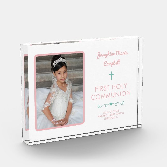 First Holy Communion Pink Girl Religious Keepsake Photo Block (Left)