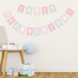 First Holy Communion Pink Gray Party Bunting Flags