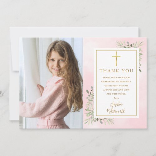 First Holy Communion Pink Greenery Photo Thank You Card