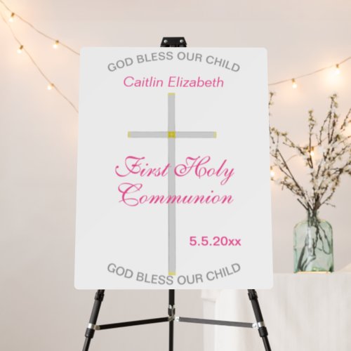 First Holy Communion Pink Name Silver Cross Foam Board