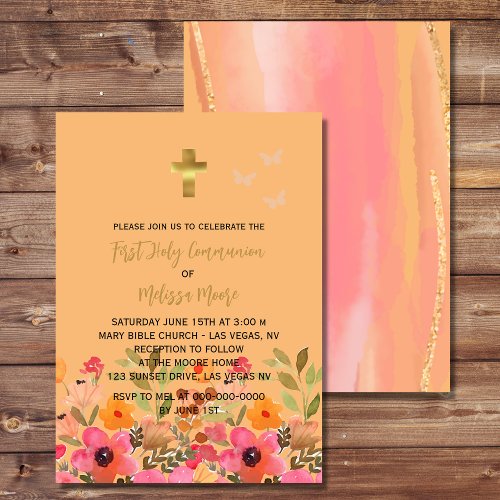 First Holy Communion Pink Peach Garden Blooms Invitation