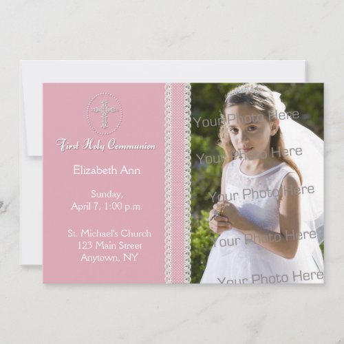 First Holy Communion, PInk Ribbon Invitation
