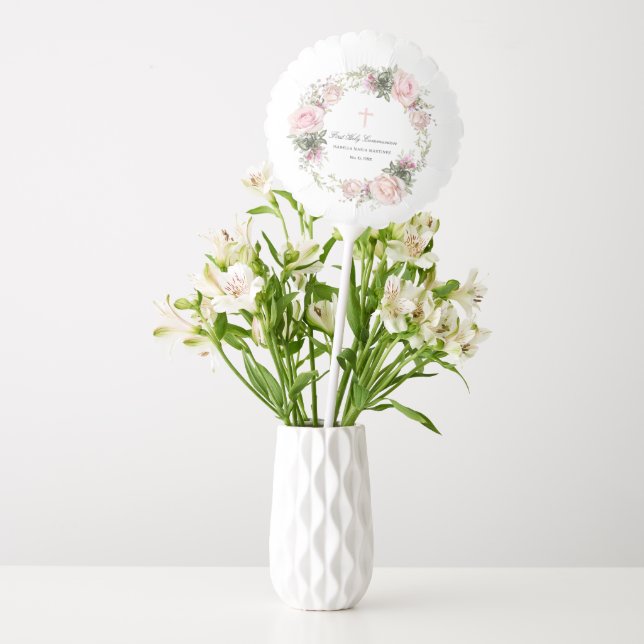 First Holy Communion Pink Rose Floral Cross Balloon (Vase)