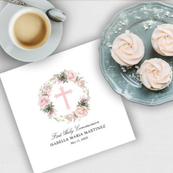 First Holy Communion Pink Rose Floral Cross Napkins by Celebrais at Zazzle