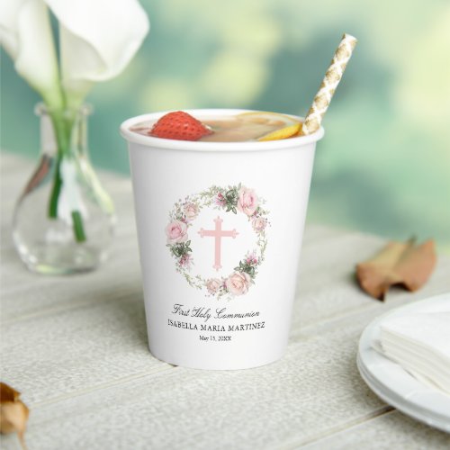First Holy Communion Pink Rose Floral Cross Paper Cups