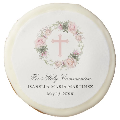 First Holy Communion Pink Rose Floral Cross Sugar Cookie