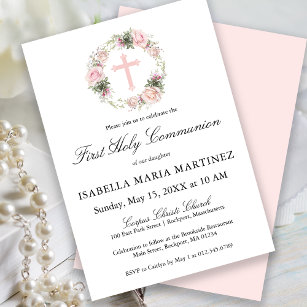 First Holy Communion Pink Rose Floral Invitation