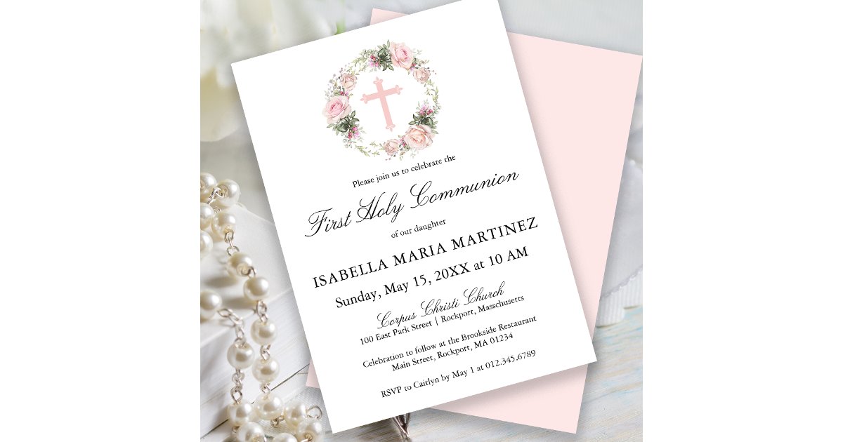 First Holy Communion Pink Rose Floral Invitation | Zazzle