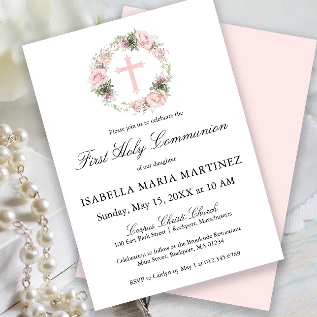First Holy Communion Pink Rose Floral Invitation | Zazzle