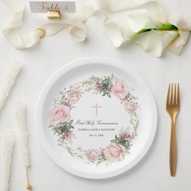 First Holy Communion Pink Rose Flower Cross Paper Plates (Wedding)