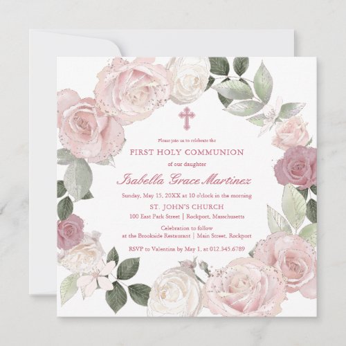 First Holy Communion Pink Rose Flower Invitation