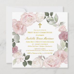 First Holy Communion Pink Rose Flower Invitation