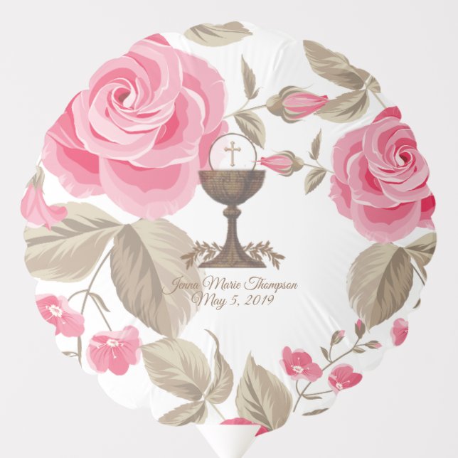 First Holy Communion Pink Roses Religious Balloon (Front)