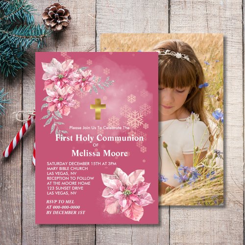 First Holy Communion Pink snowflake poinsettia Invitation