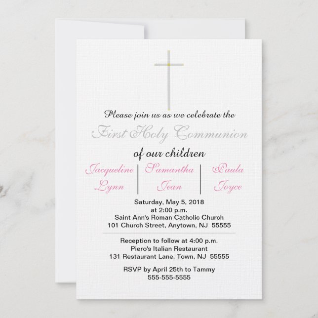 First Holy Communion Pink Triplets Invitations (Front)